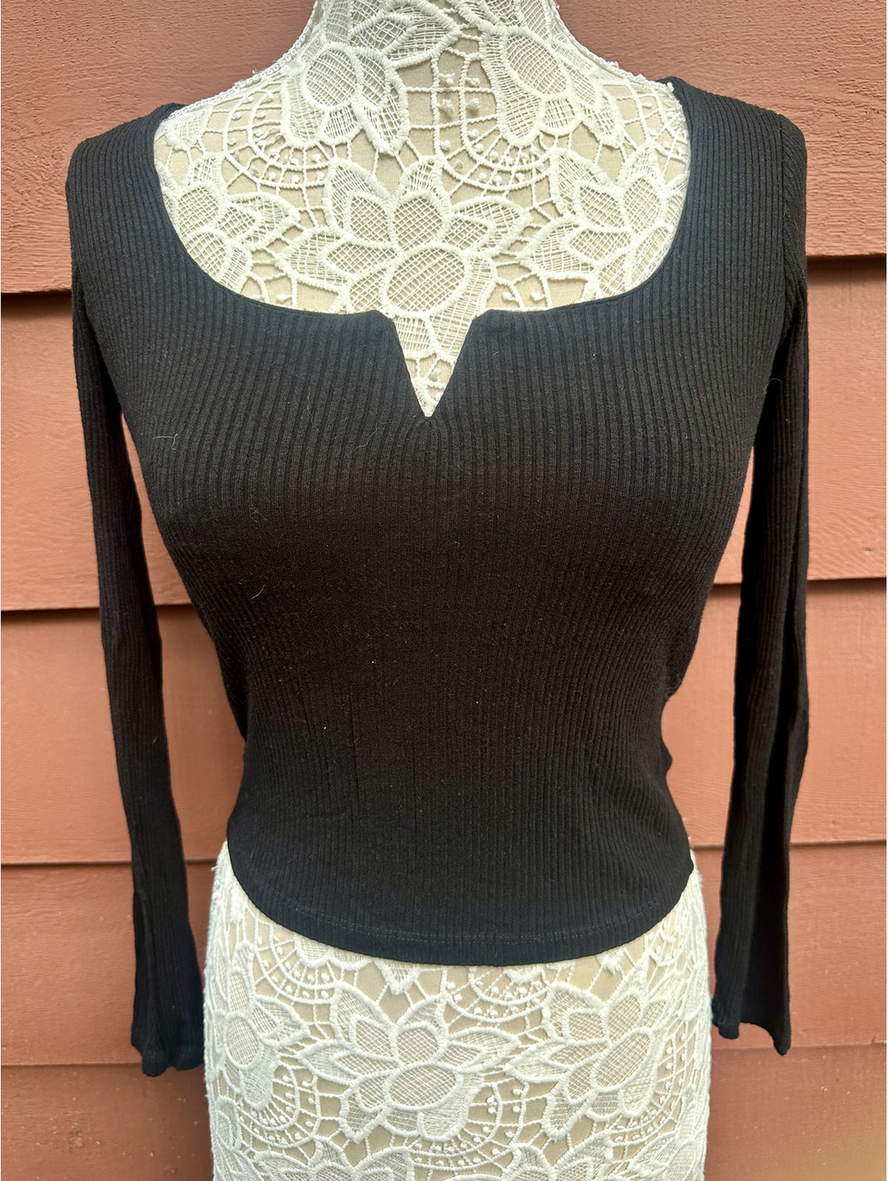 Black Ribbed Long Sleeve Top with Notch Neckline Y2K Minimalist Preppy